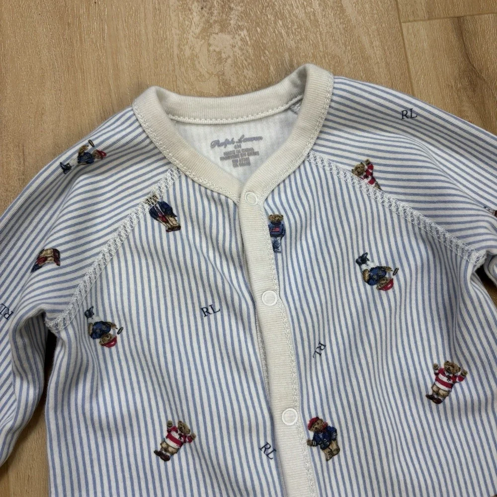 Ralph Lauren Baby Sleeper Blue Stripe Polo Bear Footed Pajamas Cotton 6M